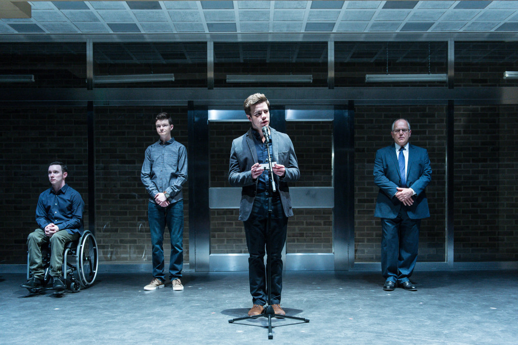 Christopher Imbrosciano (Jay), Griffyn Gilligan (Jaq), Oliver Johnstone (Drew) and Matthew Marsh (President) in Teddy Ferrara at the Donmar Warehouse - photo by Manuel Harlan